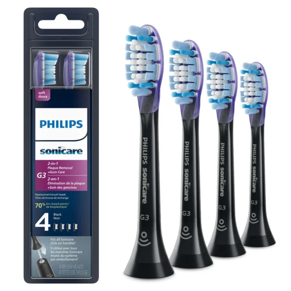 Philips Sonicare 2-In-1 Plaque Removal + Gum Care (G3) Replacement Toothbrush Heads, HX9054/95, Brushsync Technology, Black 4-pk