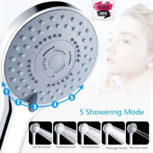 High Pressure Shower Head 5 Mode Large Chrome Handset – Water Saving Bathroom Spray
